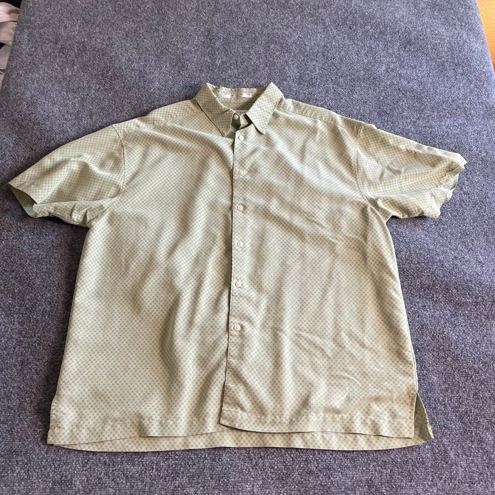 Geoffrey Beene Mens XL Short Sleeve Button Down Shirt Sage Green Geometric Print